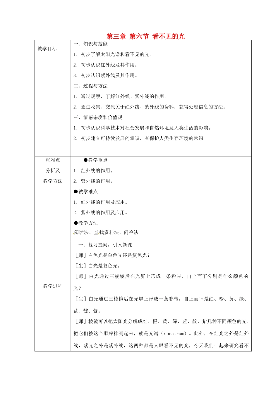 八年级物理上册 第三章 第六节 看不见的光教案 鲁教版五四制-鲁教版五四制初中八年级上册物理教案_第1页