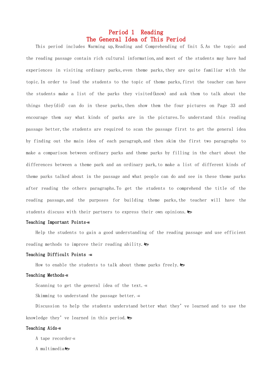 高中英语 Unit5 Theme parks Period 1　Readingg优秀教案 新人教版必修4_第1页