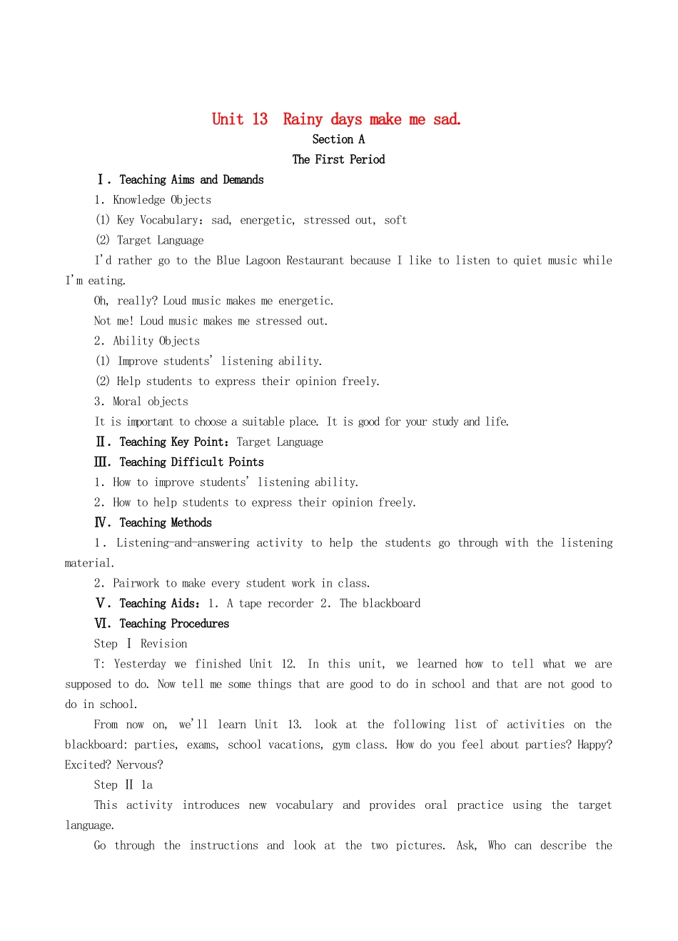 《Unit 13 Rainy days make me sad》教案（2）_第1页
