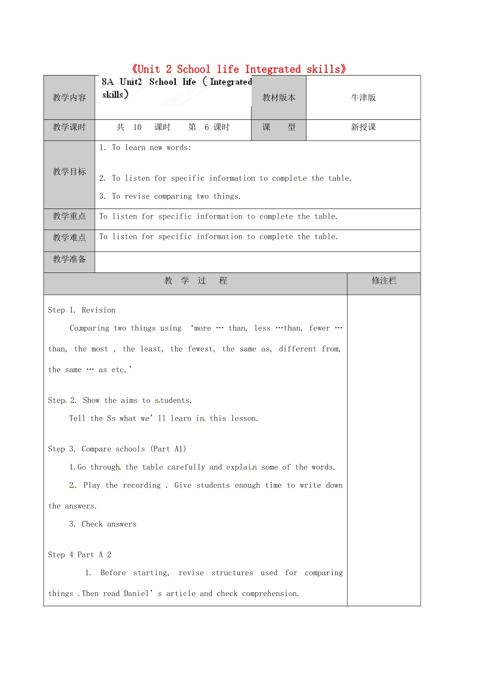 江苏省徐州市黄山外国语学校八年级英语上册《Unit 2 School life Integrated skills》教学案 牛津版_第1页