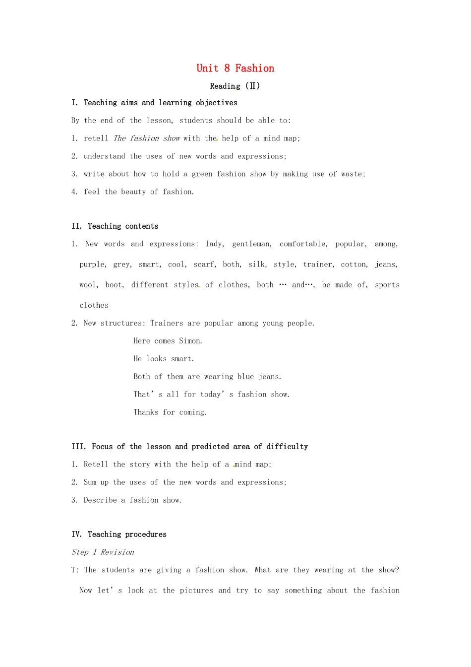 七年级英语上册 Unit 8 Fashion Reading Ⅱ教案 （新版）牛津版-（新版）牛津版初中七年级上册英语教案_第1页