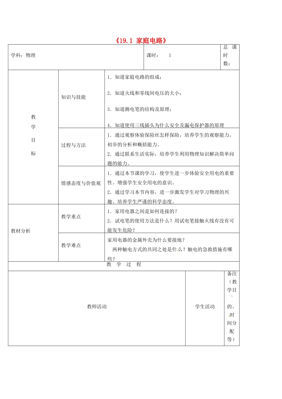 吉林省四平市第十七中学九年级物理全册《19.1 家庭电路》教案2 （新版）新人教版_第1页
