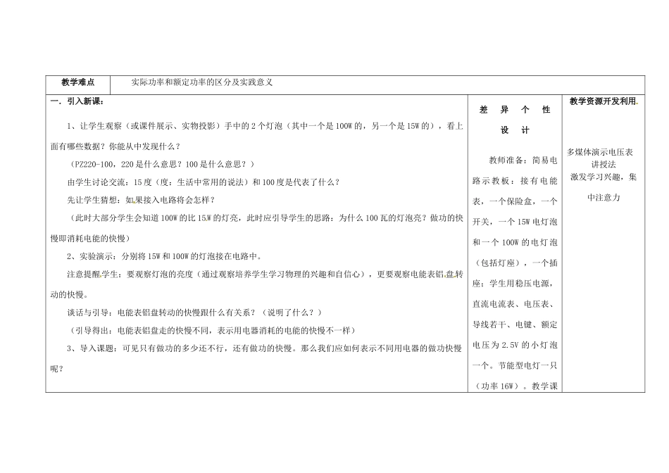 吉林省长春市第一零四中学九年级物理全册 18.2 电功率教案 （新版）新人教版_第2页