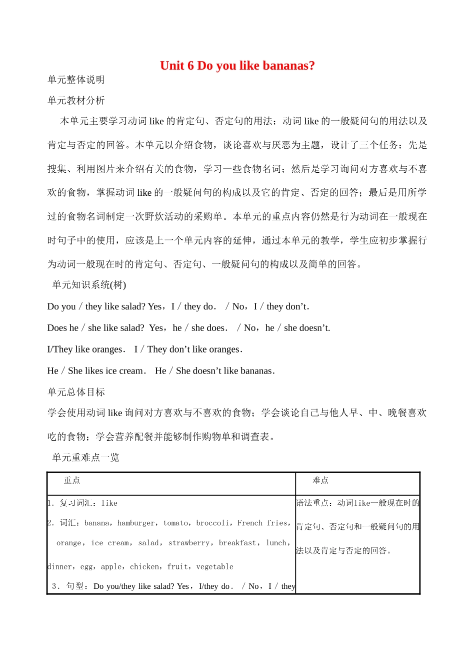 七年级英语Unit 6 Do you like bananas1教案人教版_第1页