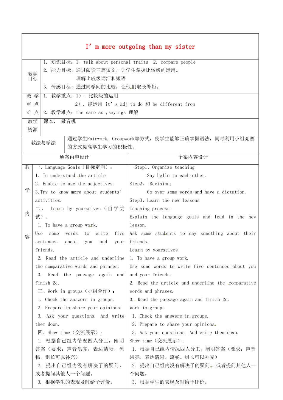 七年级英语上册 Unit 7 I’m more outgoing than my sister教案5 鲁教版五四制-鲁教版五四制初中七年级上册英语教案_第1页