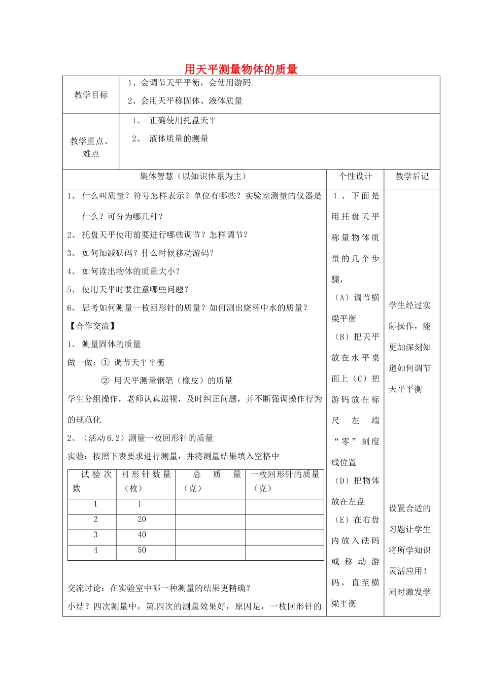 八年级物理下册 6.2 用天平测量物体的质量教案 苏科版-苏科版初中八年级下册物理教案_第1页