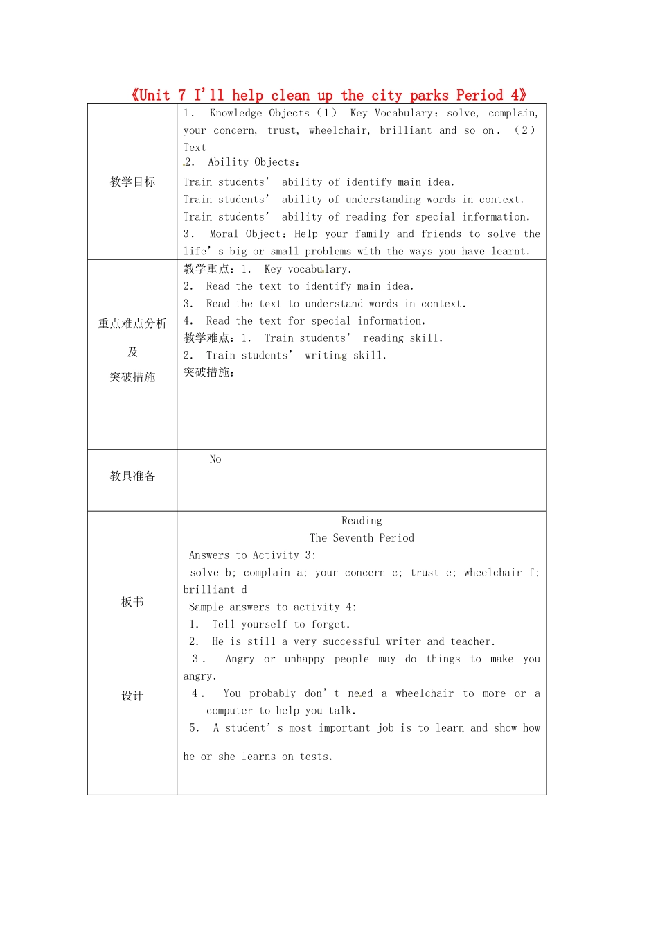 山东省龙口市诸由观镇诸由中学八年级英语下册《Unit 7 I'll help clean up the city parks Period 4》教案 鲁教版五四制_第1页