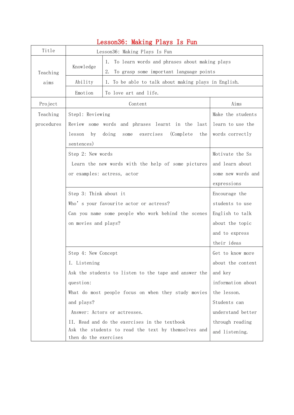 九年级英语上册 Unit 6 Lesson36 Making Plays Is Fun教学设计 （新版）冀教版_第1页