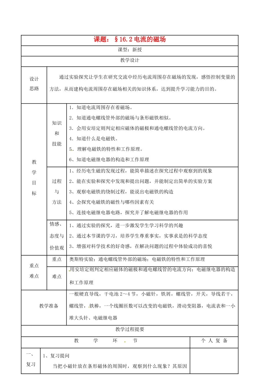 九年级物理下学期素材大全 电流的磁场教案 苏科版 _第1页