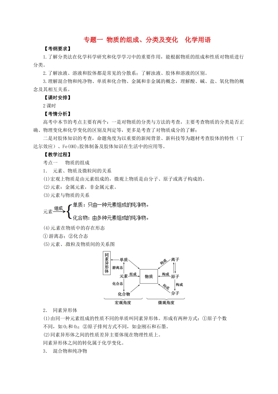 高考化学二轮专题突破 专题一 物质的组成、分类及变化 化学用语教案-人教版高三全册化学教案_第1页