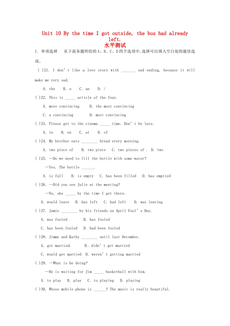 吉林省四平市第十七中学九年级英语全册《Unit 10 By the time I got outside, the bus had already left》水平测试2（无答案） 人教新目标版_第1页
