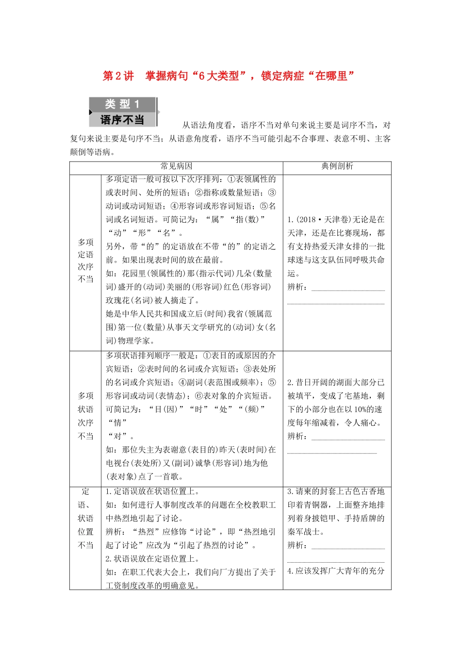 高考语文一轮复习 第3部分 语言文字运用 专题10 辨析并修改病句 第2讲 掌握病句“6大类型”锁定病症“在哪里”教案 新人教版-新人教版高三全册语文教案_第1页