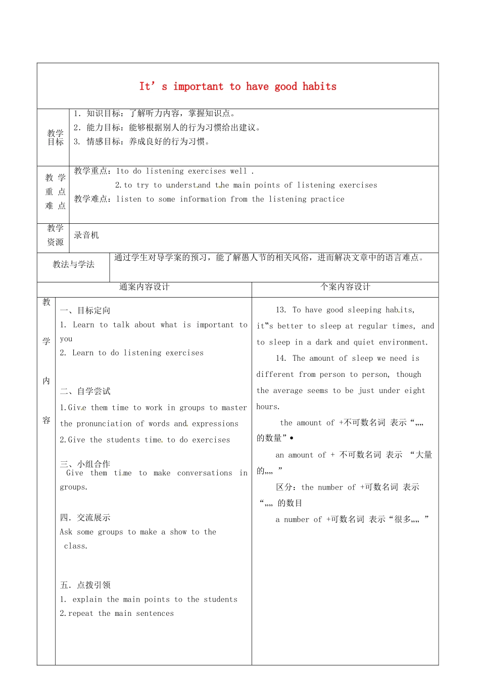 九年级英语全册 Unit 9 It's important to have habits教案4 （新版）鲁教版五四制-鲁教版五四制初中九年级全册英语教案_第1页