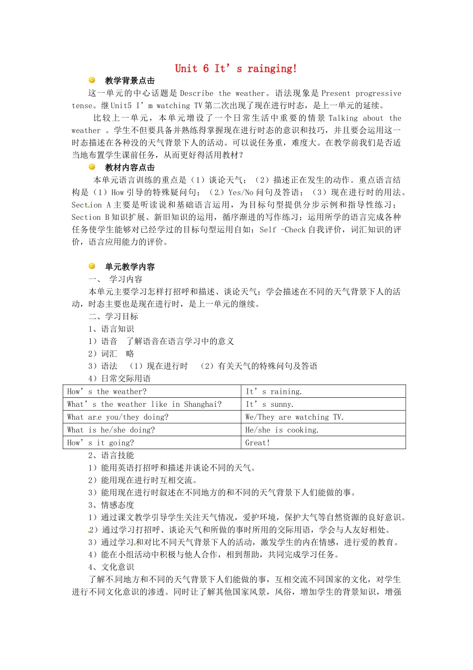 七年级英语下册 Unit 6 Its raining单元教案 人教新目标版_第1页