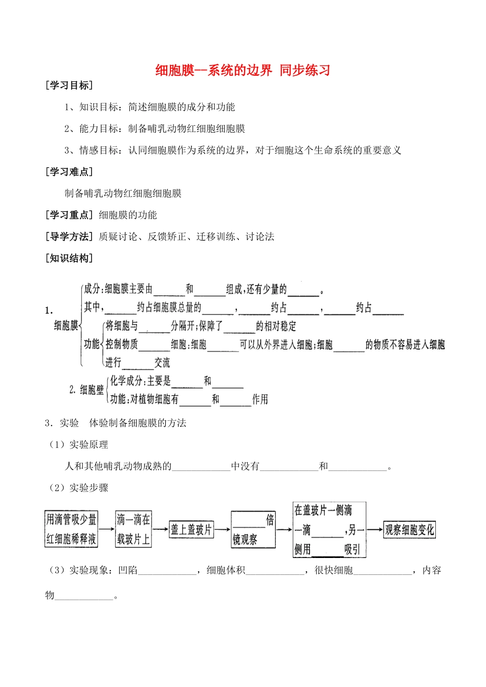 山西省运城市康杰中学高中生物 3.1 细胞膜 系统的边界同步练习 新人教版必修1_第1页