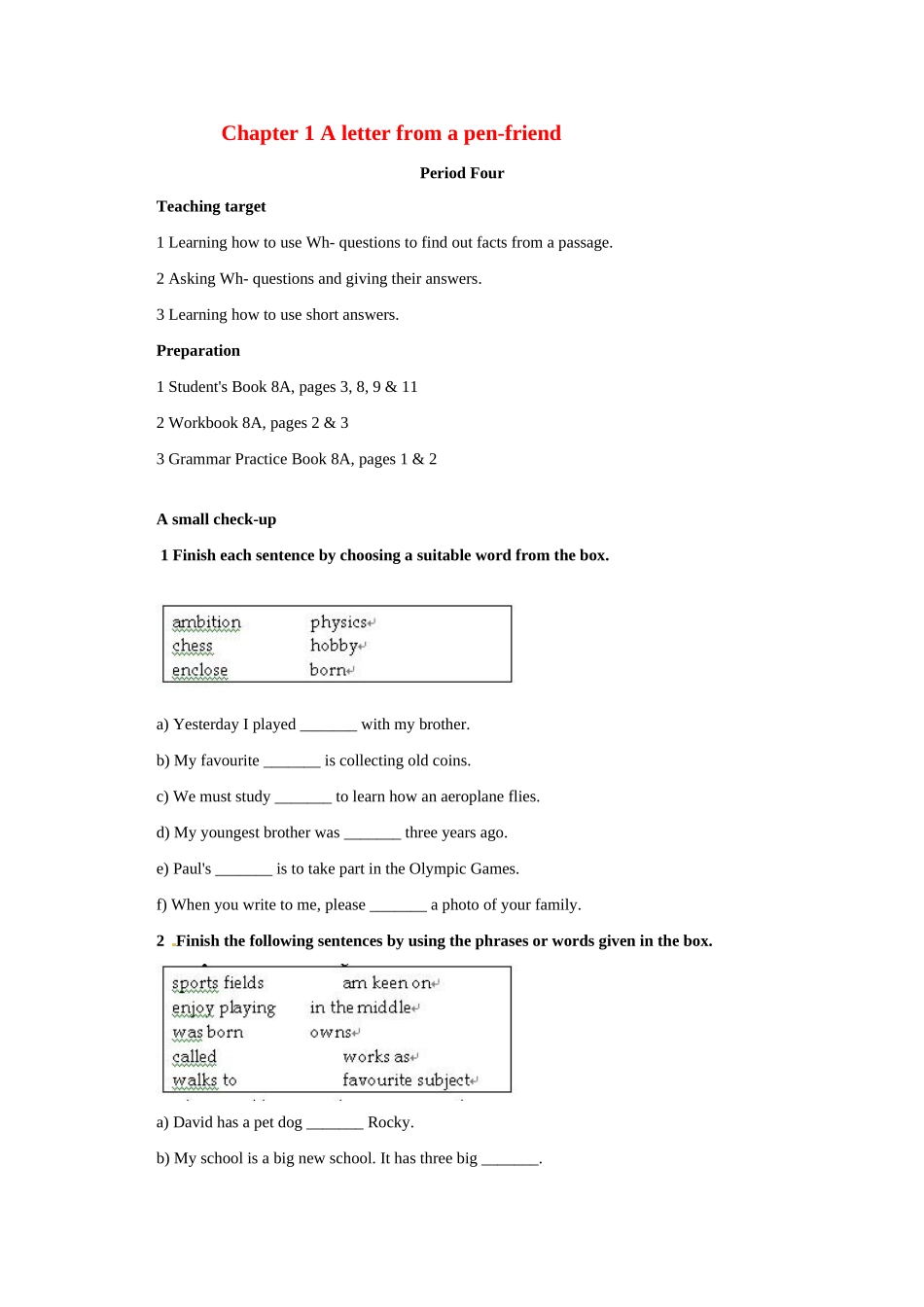 八年级英语：Chapter 1 A letter from a pen-friend Period Four教案上海牛津版_第1页