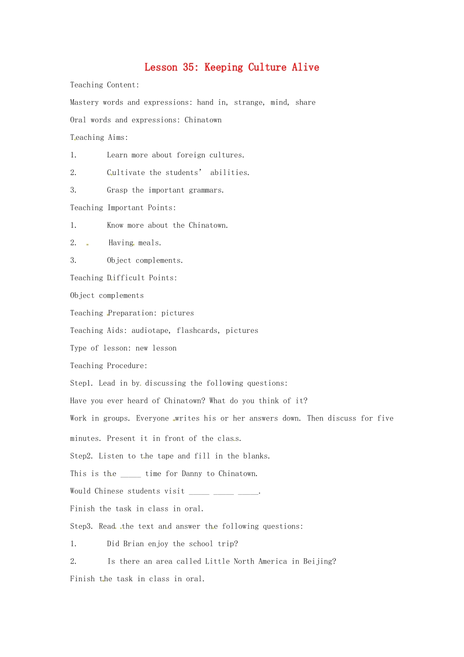 九年级英语下册 Lesson 35 Keeping Culture Alive英文教案 冀教版_第1页