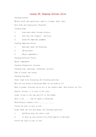 九年级英语下册 Lesson 35 Keeping Culture Alive英文教案 冀教版