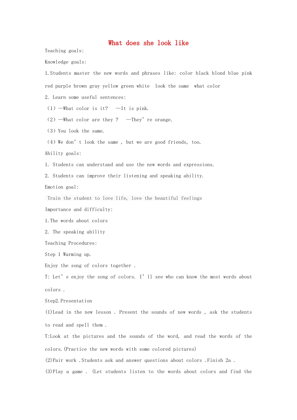 七年级英语上册 Unit 2 Topic 2 What does she look like Section A教案1 （新版）仁爱版-（新版）仁爱版初中七年级上册英语教案_第1页