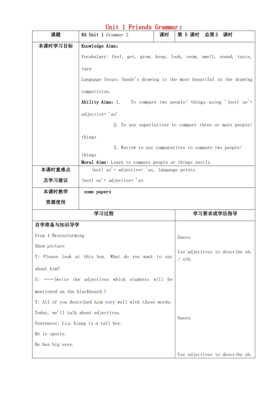 江苏省徐州市黄山外国语学校八年级英语上册 Unit 1 Friends Grammar 2教案 牛津版_第1页