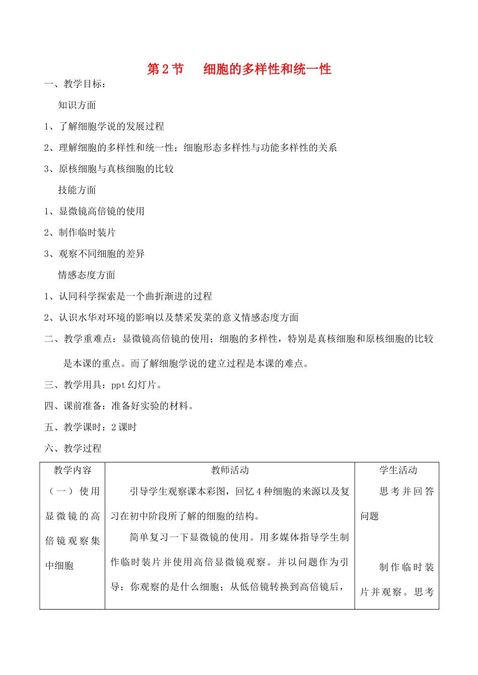 山西省运城市康杰中学高中生物 第一章第2节 细胞的多样性和统一性备课资料 新人教版必修1_第1页