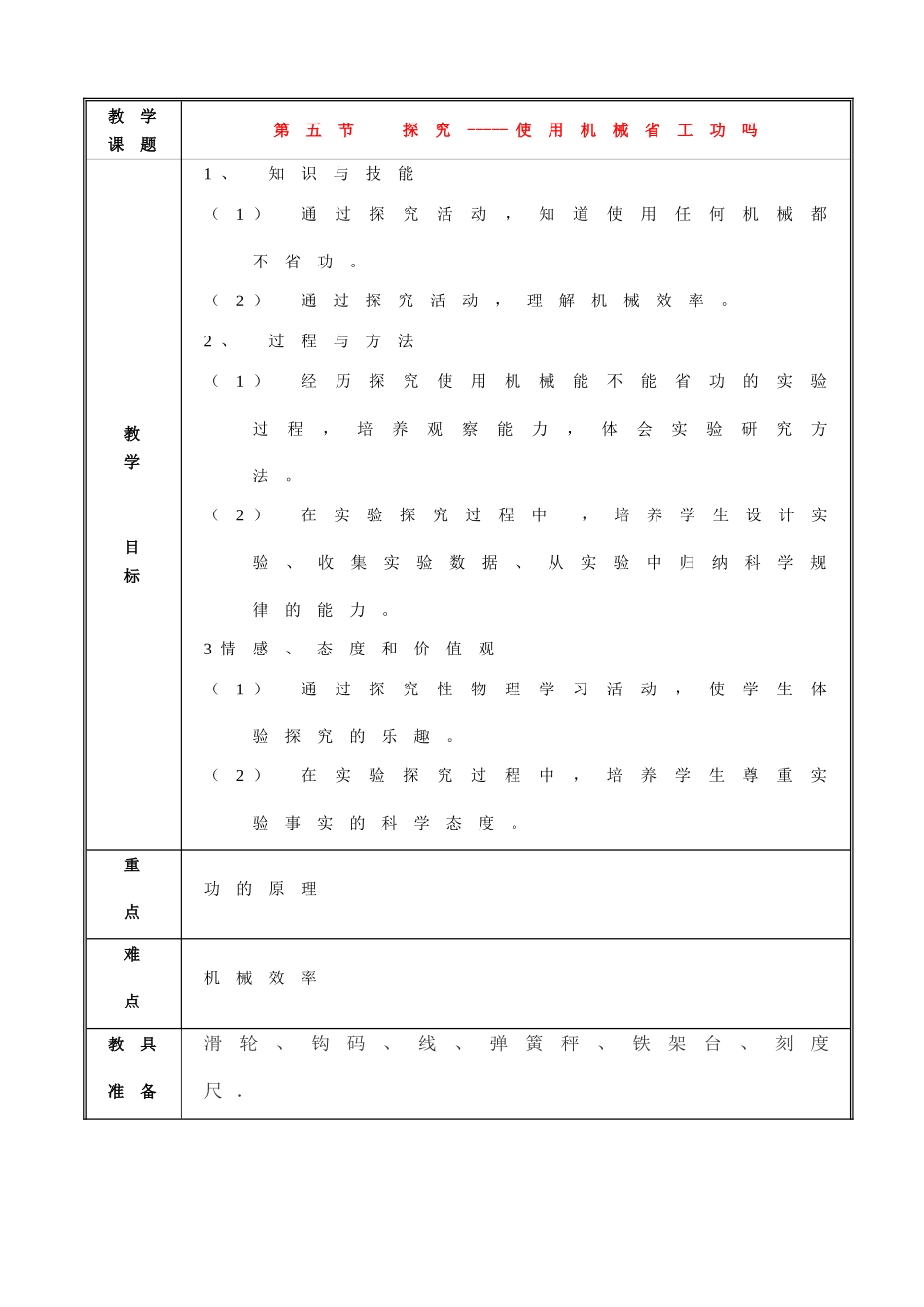 九年级物理第九章 第五节《探究-----使用机械省工功吗》教案北师大版_第1页