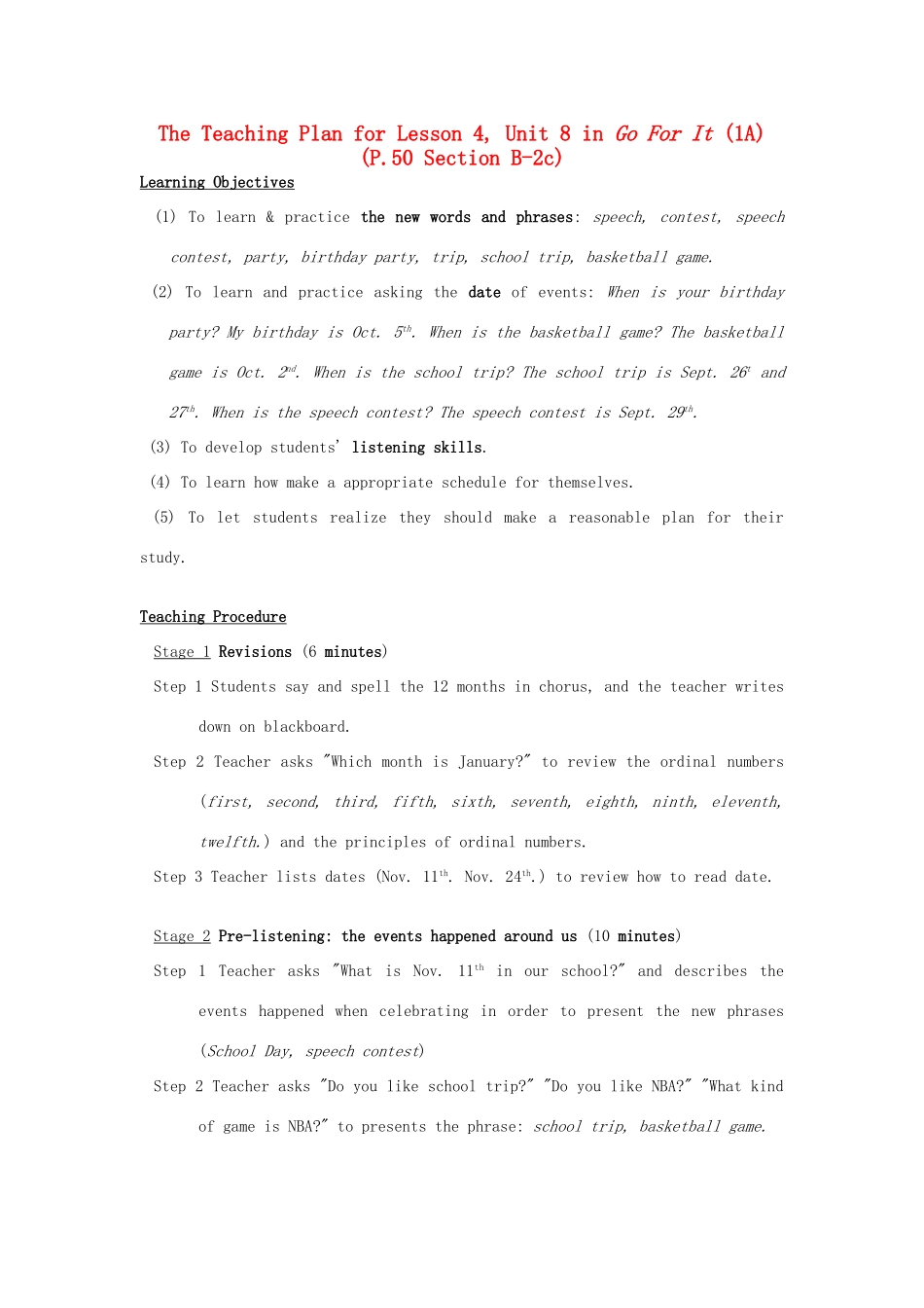 七年级英语上册 The Teaching Plan for Lesson 4, Unit 8 in Go For It (1A)教案 人教新目标版_第1页