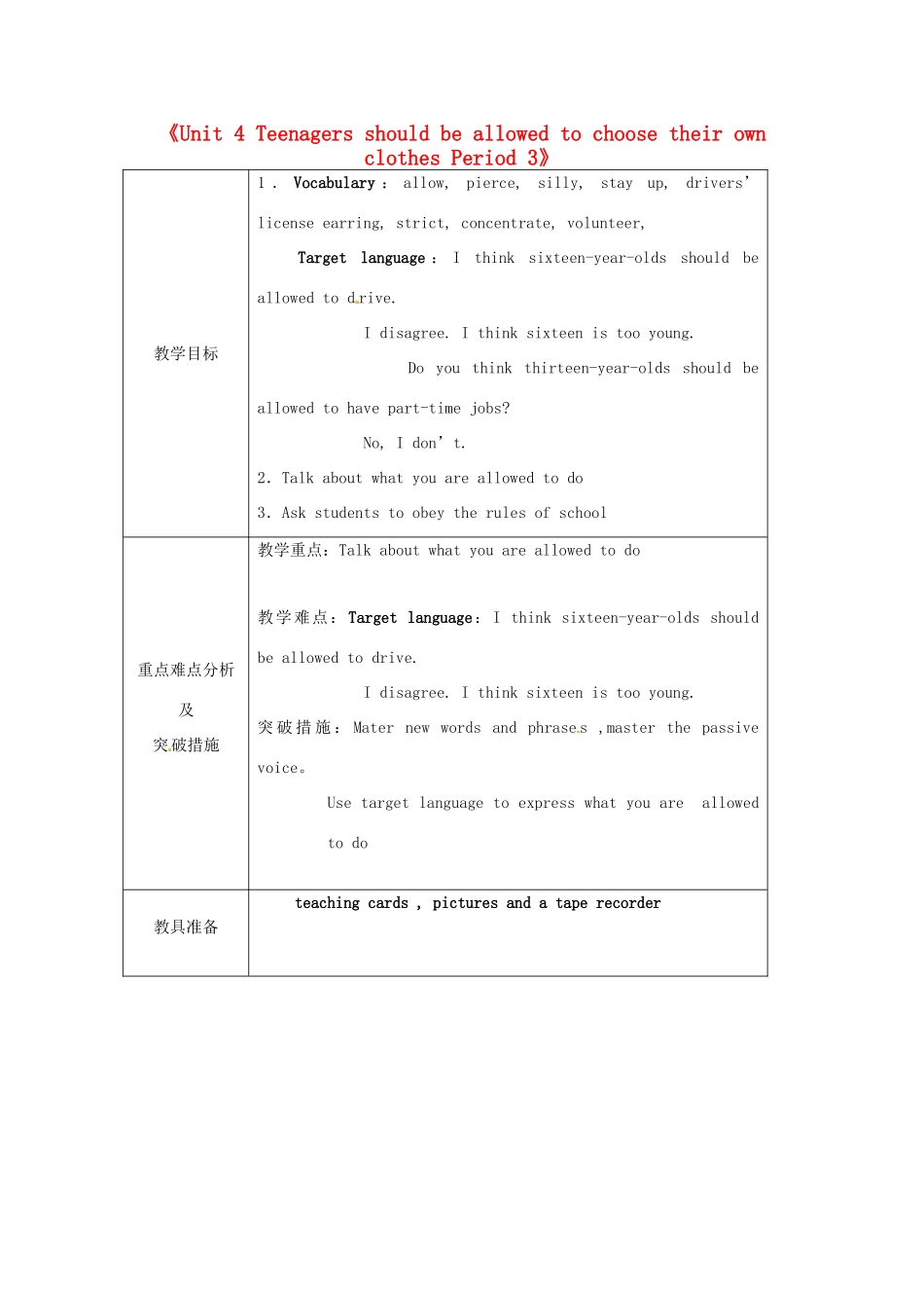 山东省龙口市诸由观镇诸由中学八年级英语下册《Unit 4 Teenagers should be allowed to choose their own clothes Period 3》教案 鲁教版五四制_第1页
