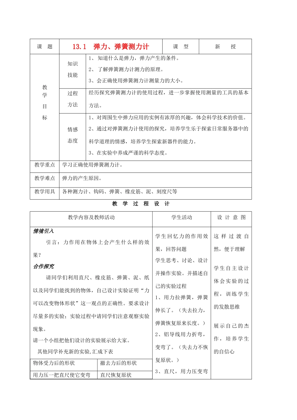 九年级物理上册 第十三章 第一节 弹力、弹簧测力计教案 人新课标教版_第1页