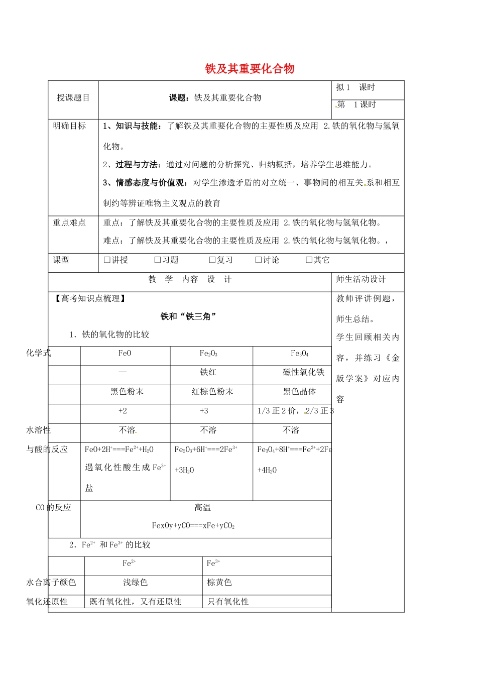 高三化学一轮复习 铁及其重要化合物（一）教学设计-人教版高三全册化学教案_第1页