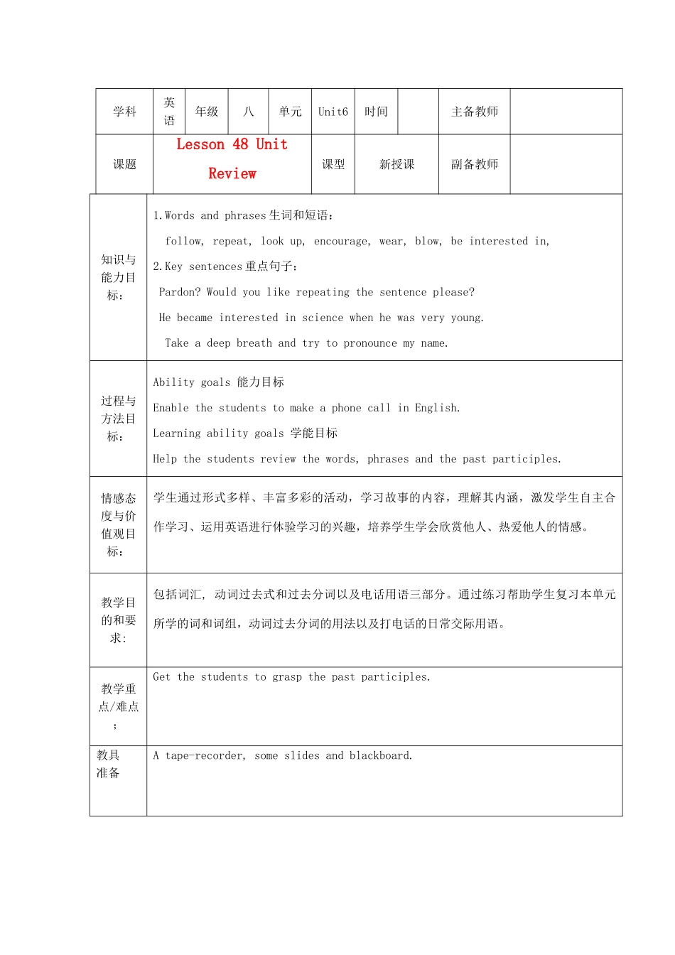 八年级英语上册 Unit 6 Lesson 48  Unit Review集体备课教案 冀教版_第1页