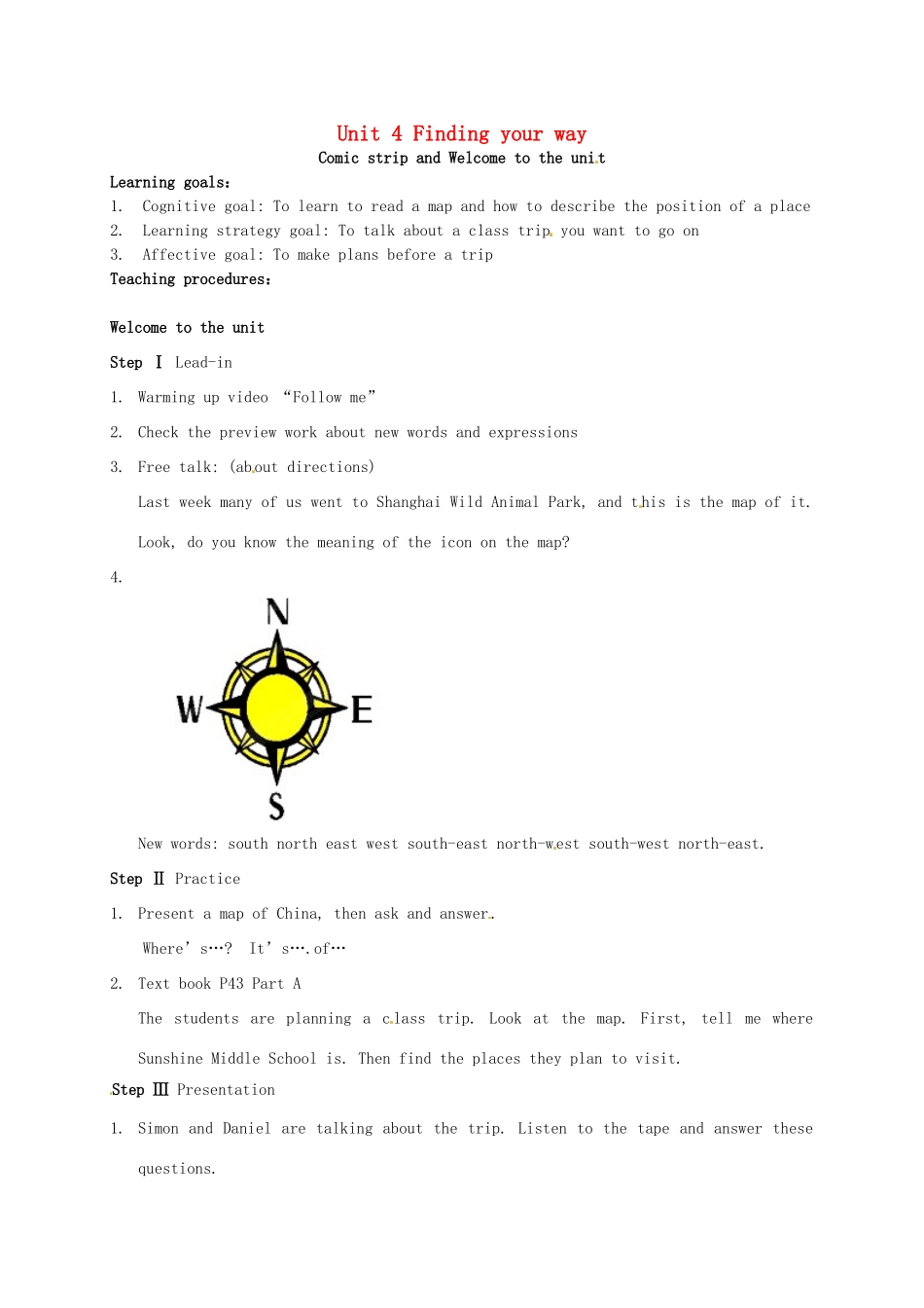 七年级英语下册《Unit 4 Finding your way》教案 （新版）牛津版-（新版）牛津版初中七年级下册英语教案_第1页