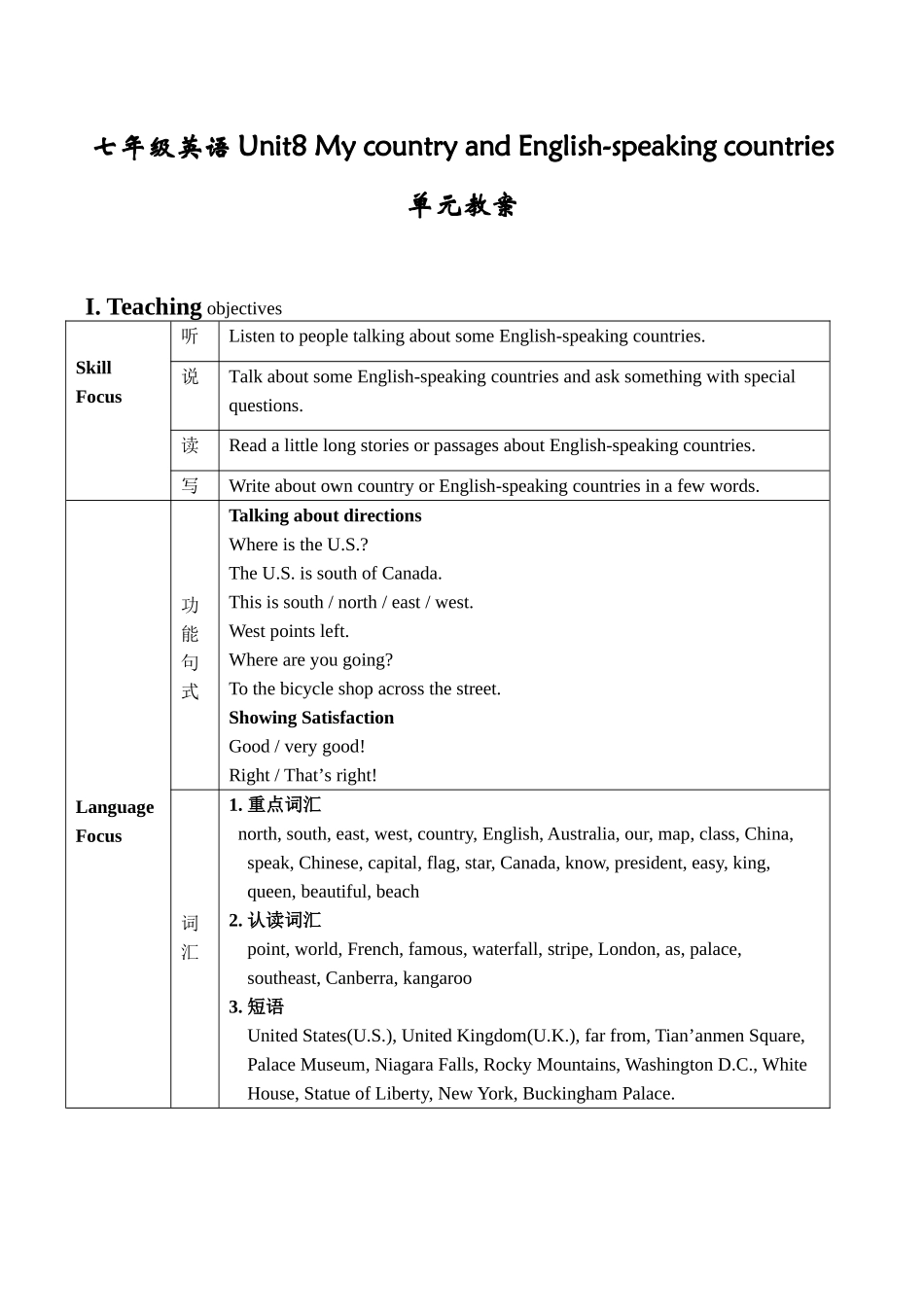 七年级英语Unit8 My country and English-speaking countries单元教案_第1页