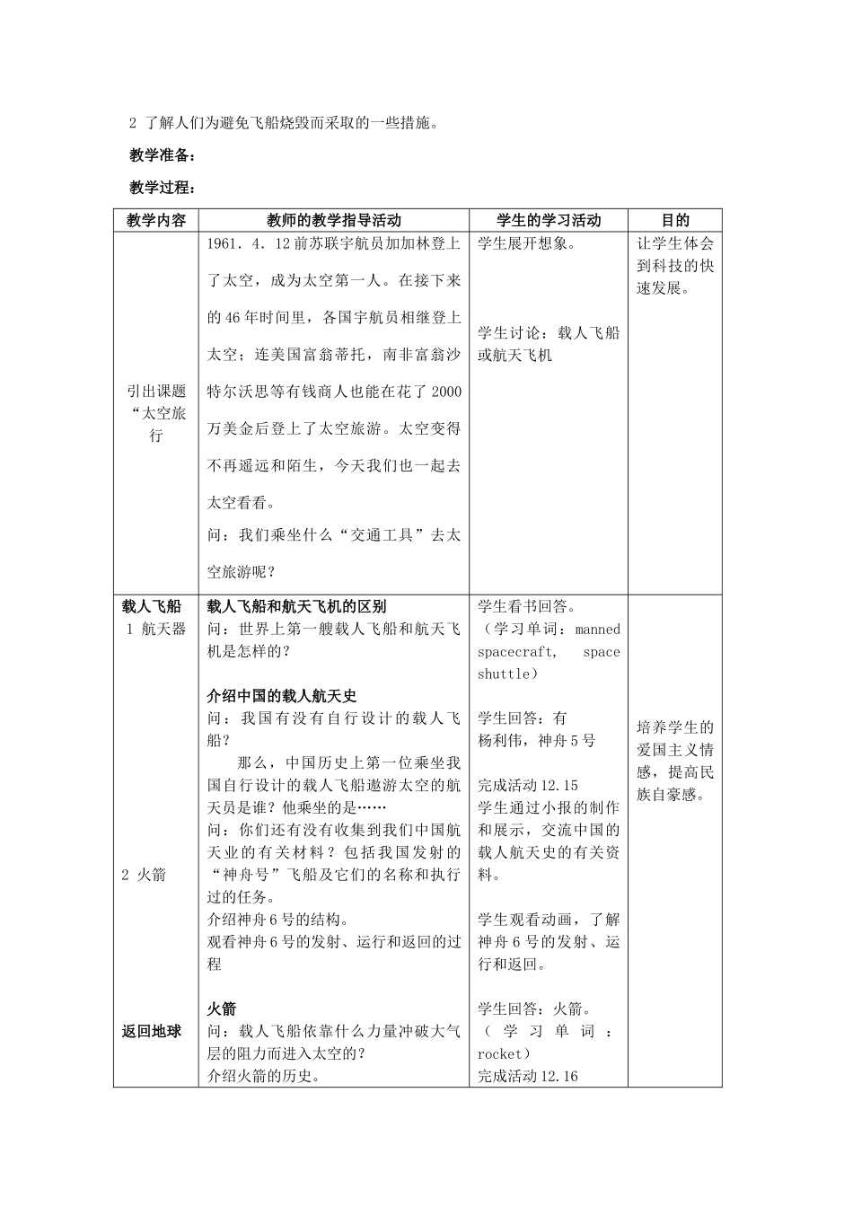 七年级科学下册 第12章 宇宙与空间探索 12.3 太空旅行 载人飞船教案设计 牛津上海版-牛津上海版初中七年级下册自然科学教案_第2页