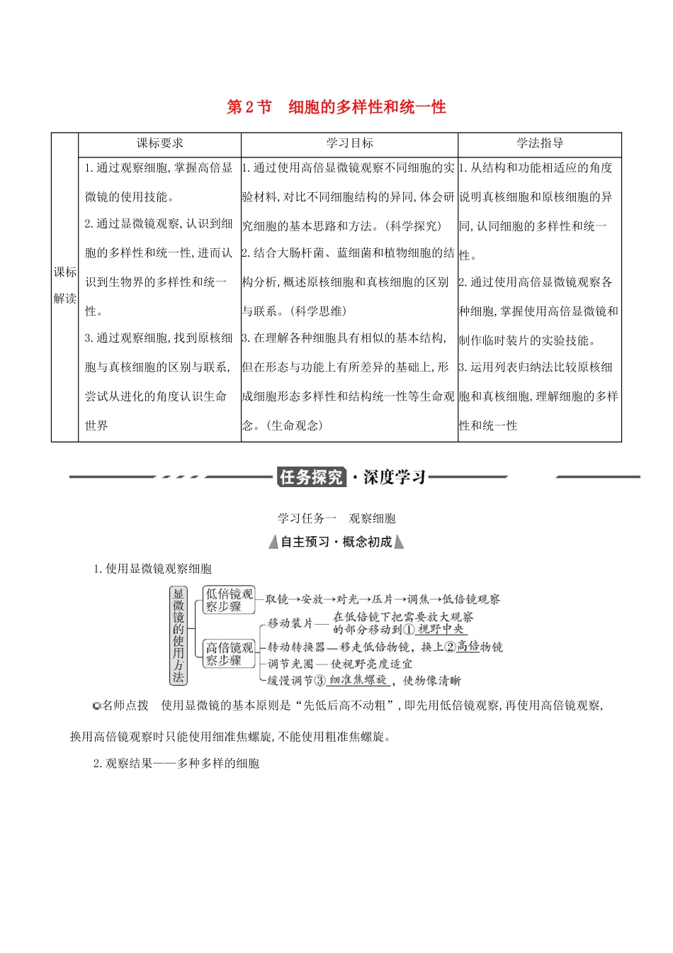 （3年高考2年模拟）版新教材高考生物 第1章 走近细胞 第2节 细胞的多样性和统一性讲义 新人教版必修1-新人教版高三必修1生物教案_第1页