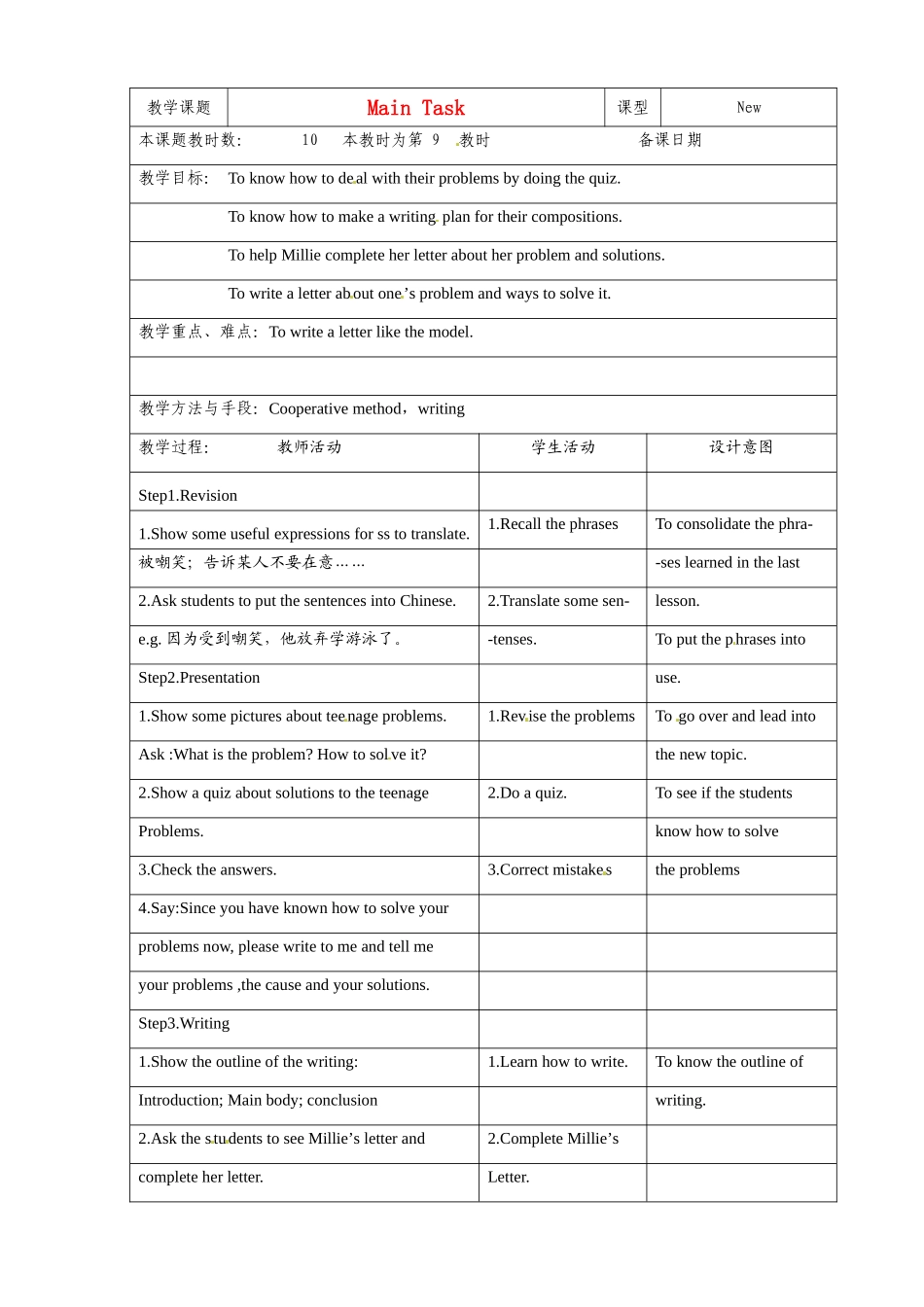 江苏省昆山市锦溪中学九年级英语上册 Unit 3 Teenage problems Main task教案 牛津版_第1页