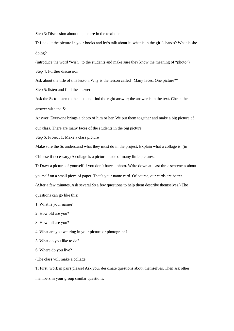 八年级英语上册 Unit 1 Me and My Class lesson 2 Many Faces, One Picture教案 冀教版_第3页