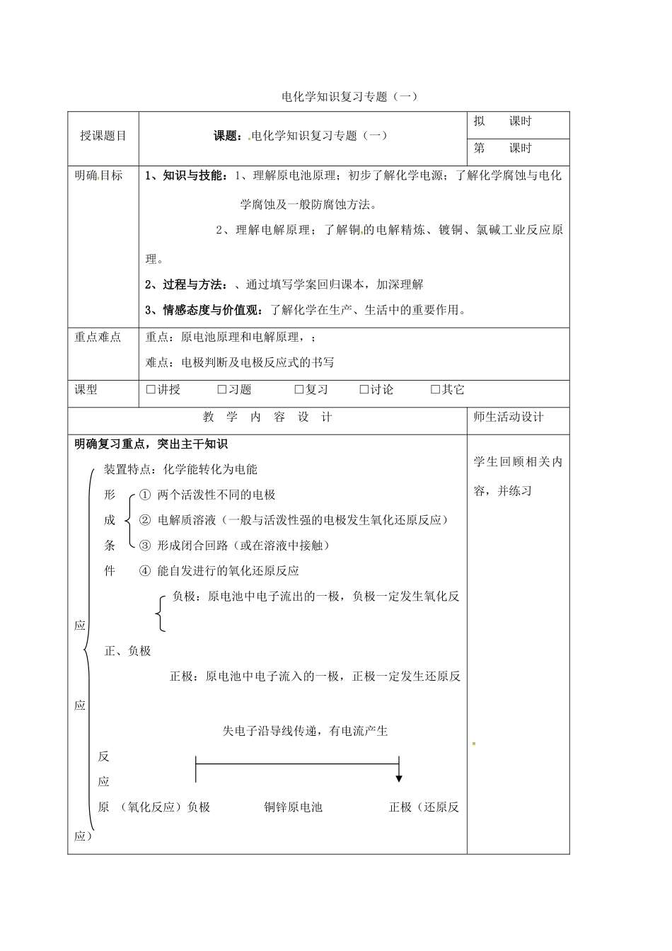 高三化学一轮复习 电化学复习（一）教学设计-人教版高三全册化学教案_第1页