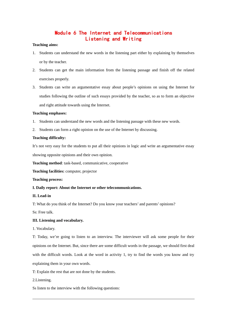 高中英语：module6 listening and writing教案（外研版必修1）_第1页