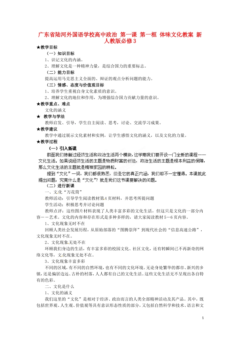 广东省陆河外国语学校高中政治 第一课 第一框 体味文化教案 新人教版必修3_第1页
