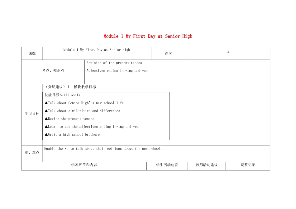 高中英语上学期第一周 Module 1 My First Day at Senior High教学设计-人教版高中全册英语教案_第1页