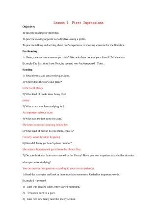 高中英语 unit13 lesson4 first impressions教案 北师大版必修5