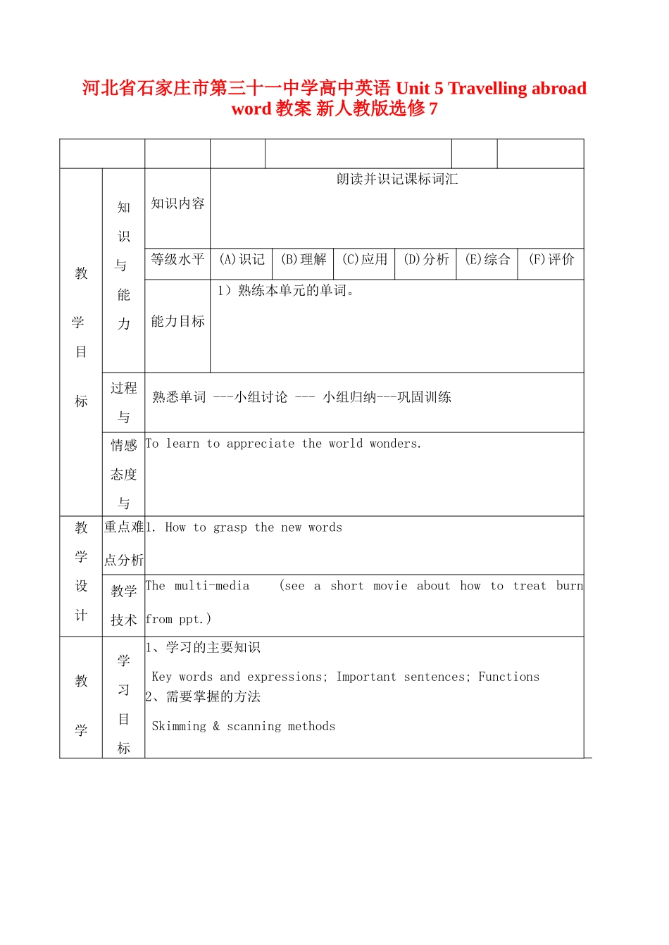 河北省石家庄市第三十一中学高中英语 Unit 5 Travelling abroad word教案 新人教版选修7_第1页