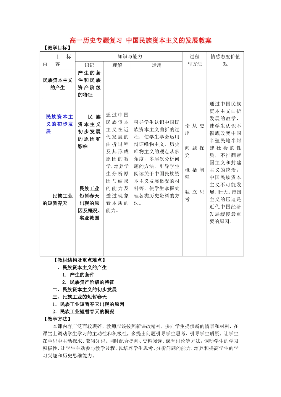 高一历史专题复习 中国民族资本主义的发展教案 人教版_第1页