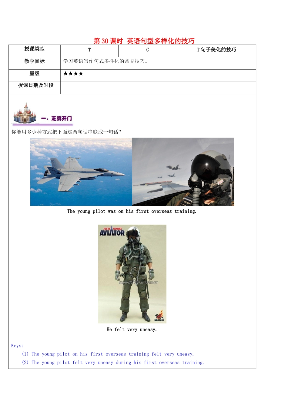 高中英语写作 第30课时 英语句型多样化的技巧教案-人教版高中全册英语教案_第1页