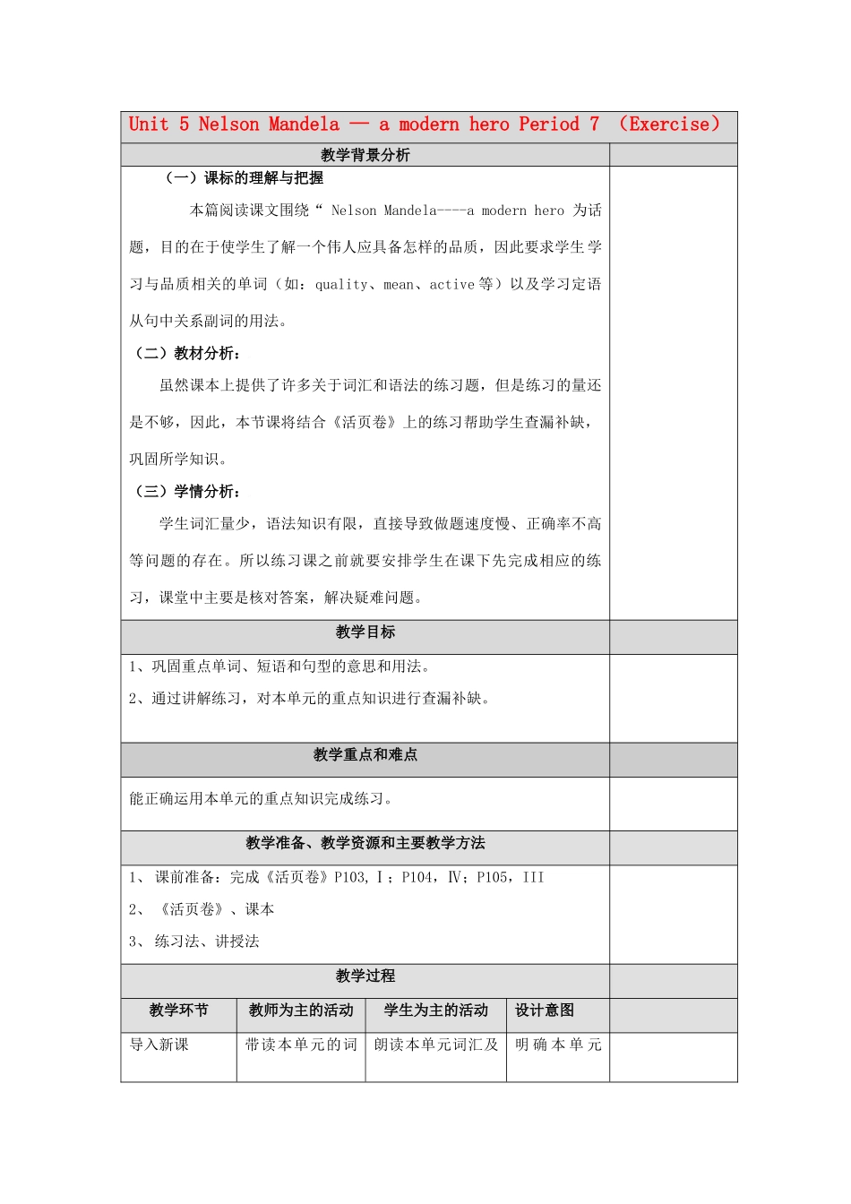 高中英语 Unit5 Nelson Mandela-a modern hero Exercise教案 新人教版必修1-新人教版高一必修1英语教案_第1页