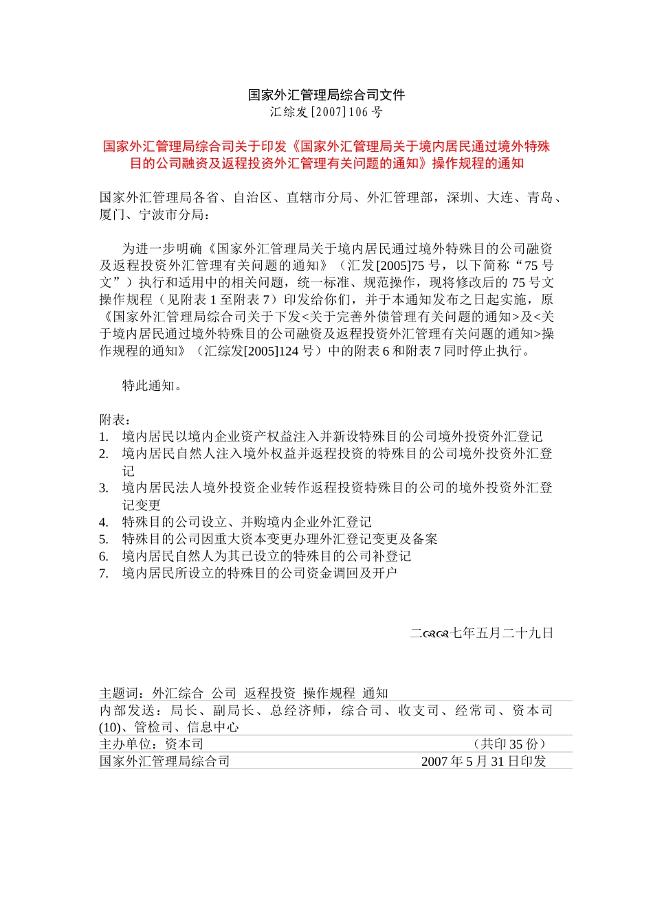 国家外汇管理局综合司关于印发《国家外汇管理局关于境内居民通过_第1页