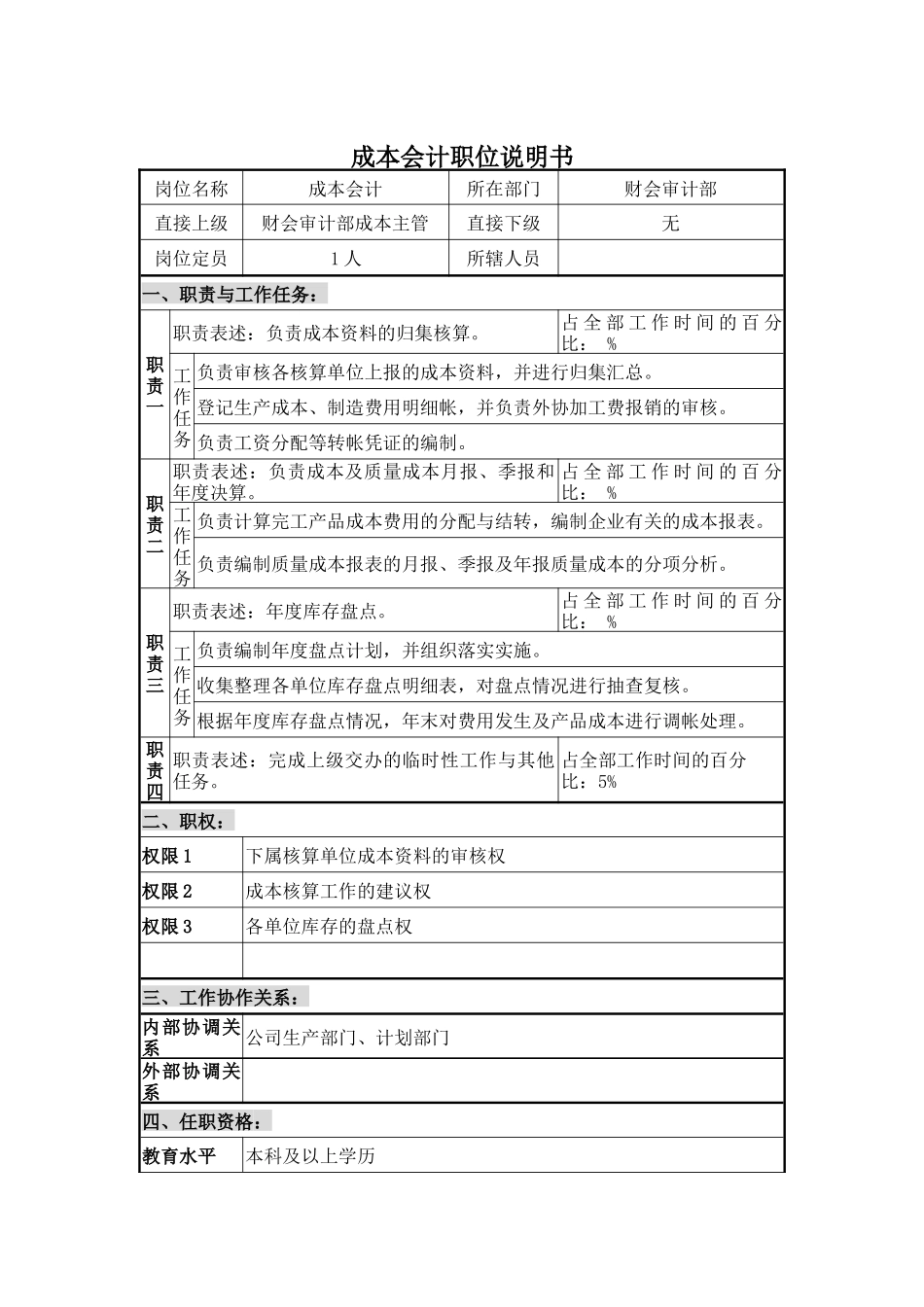 成本会计职位说明书_第1页