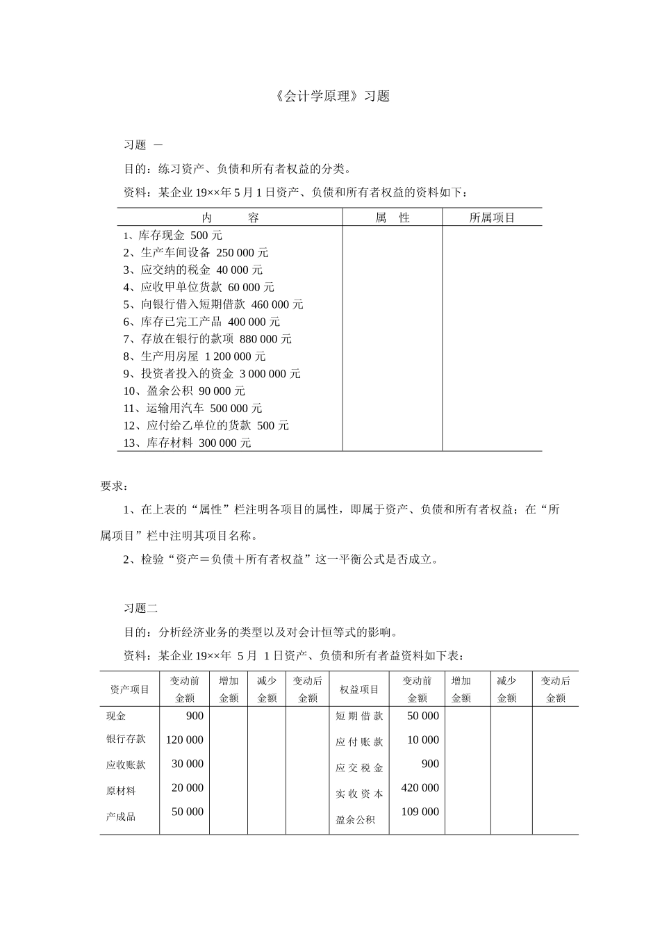 《会计学原理》习题A_第1页