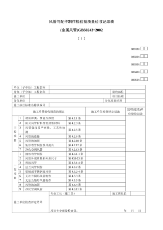 风管与配件制作检验批质量验收记录表Ⅰ01